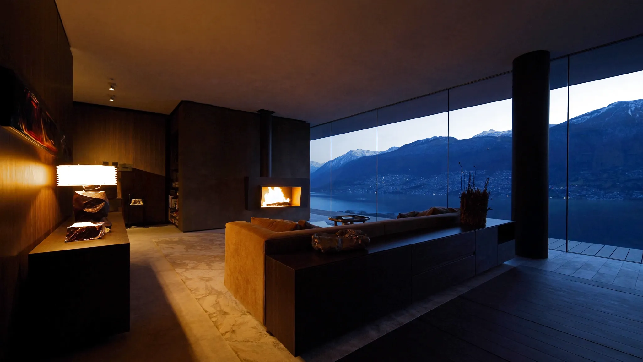 Luxury Swiss lakefront residence at blue hour