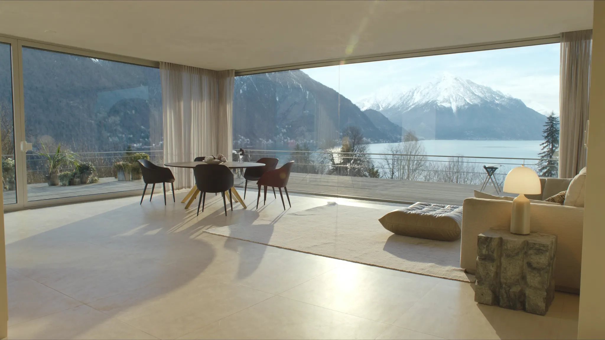Luxury Swiss lakefront residence in morning light